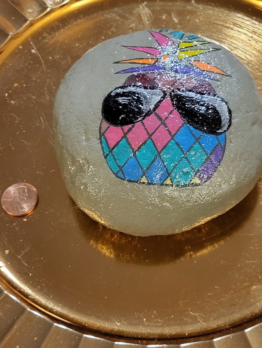 Hand-Painted Pineapple Rock Art - Multicolor